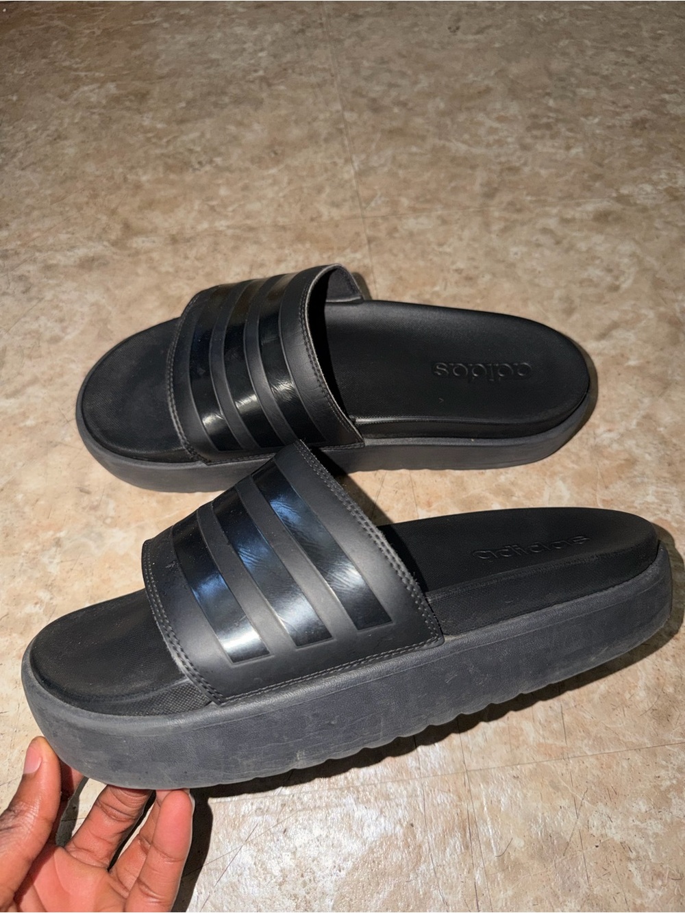 adidas Black Platform Adilette Slides with Three-Strap Upper
